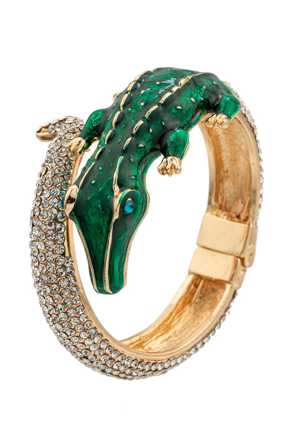 Green crocodile-shaped bracelet with gold and rhinestone accents on a white background