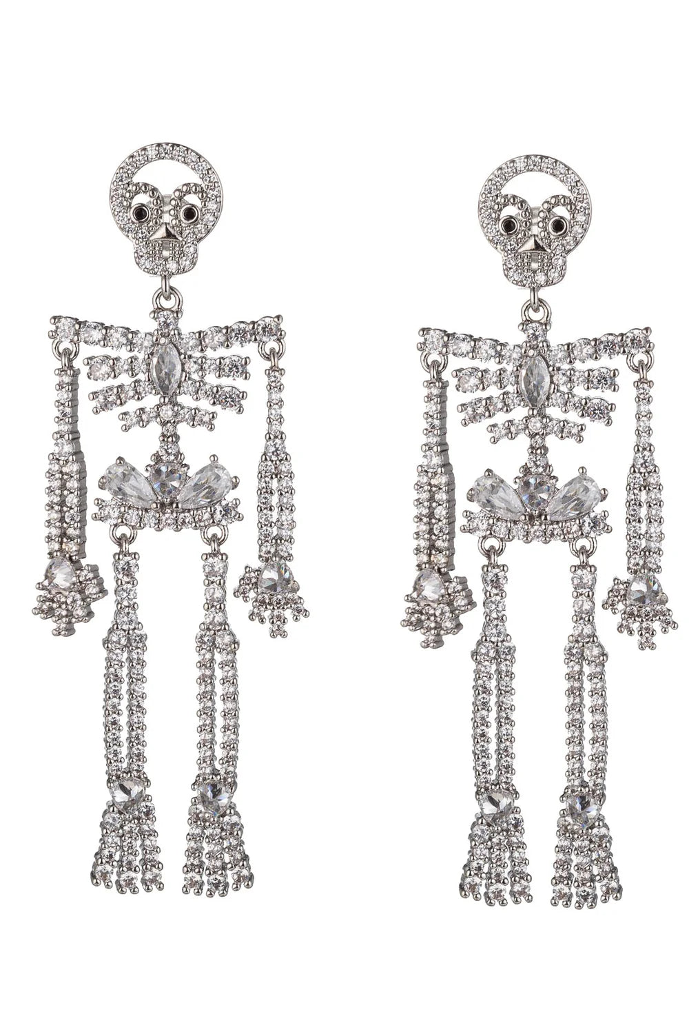 A pair of silver skeleton drop earrings encrusted with clear crystals, shown against a plain white background.