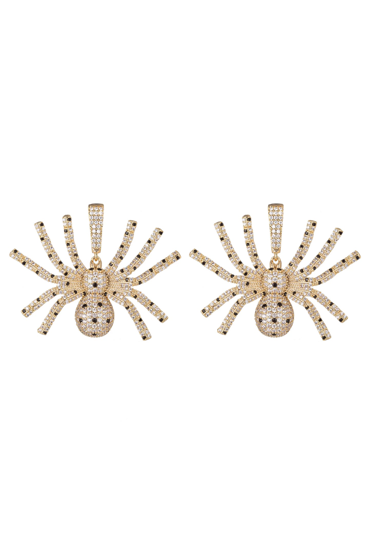 A pair of gold spider-shaped earrings paved with clear crystals, displayed side-by-side against a plain white background.
