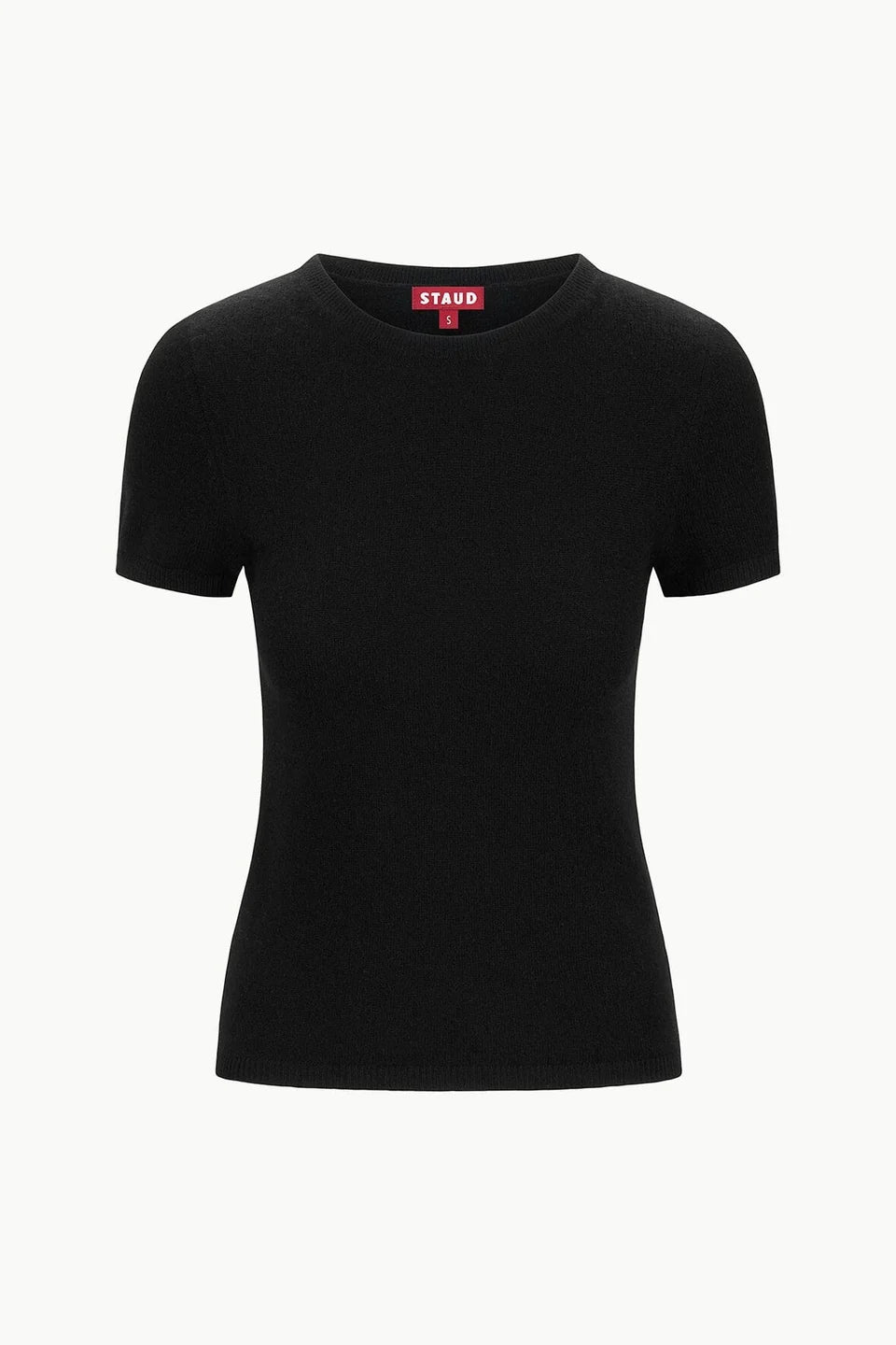 A black short-sleeve crewneck knit top by Staud, shown on a clean white background.