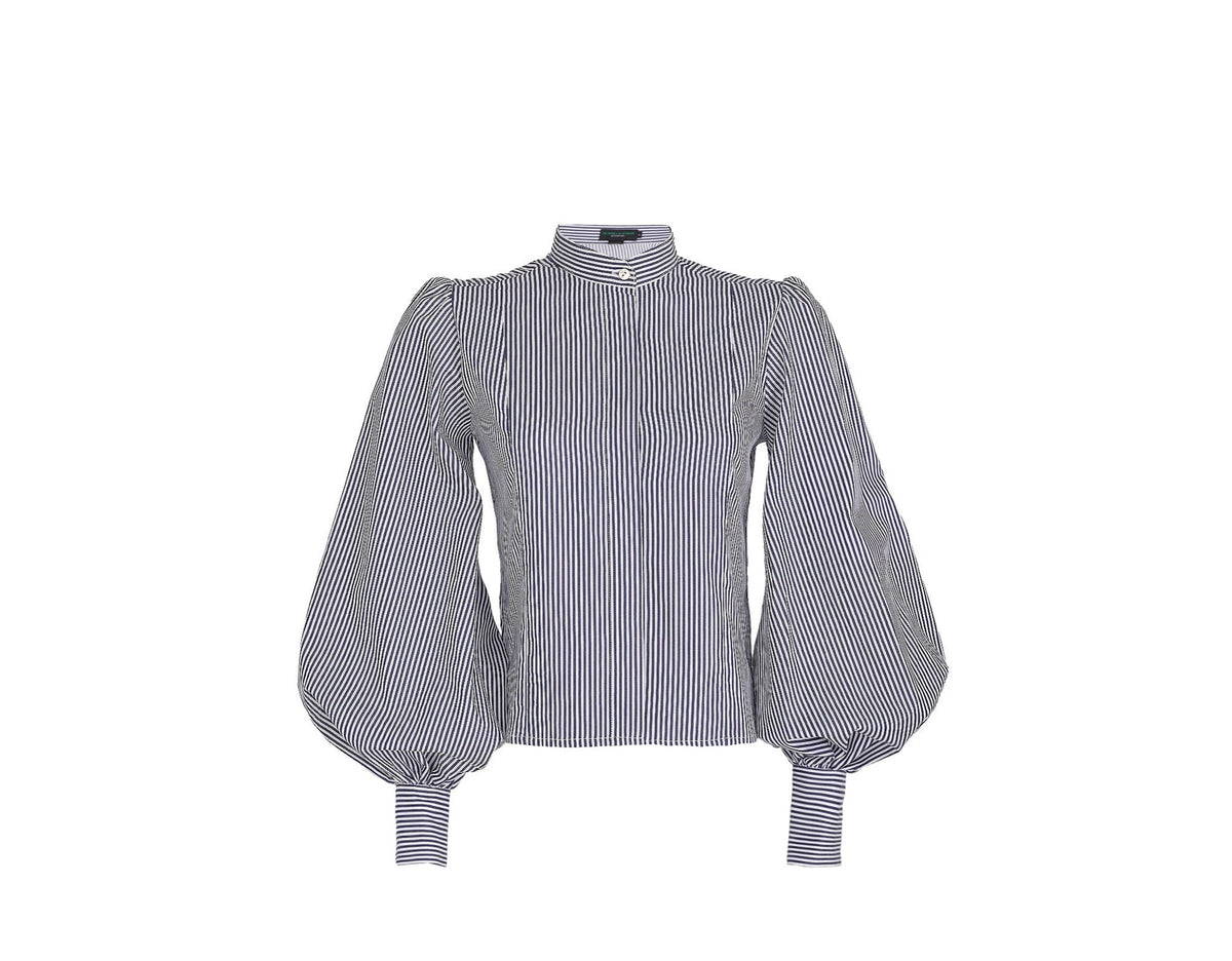 Navy and white striped blouse with puffed sleeves on a white background