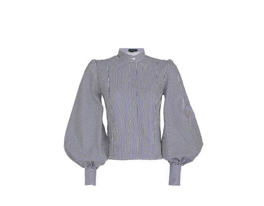 Navy and white striped blouse with puffed sleeves on a white background