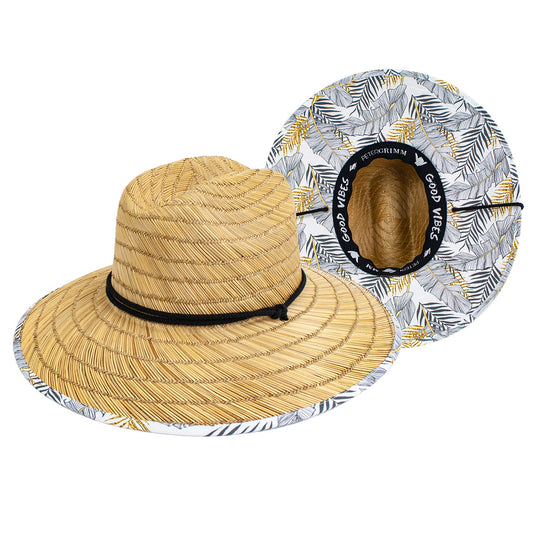 a straw hat with a gold leaf pattern, featuring a wide brim and an adjustable chin cord.
