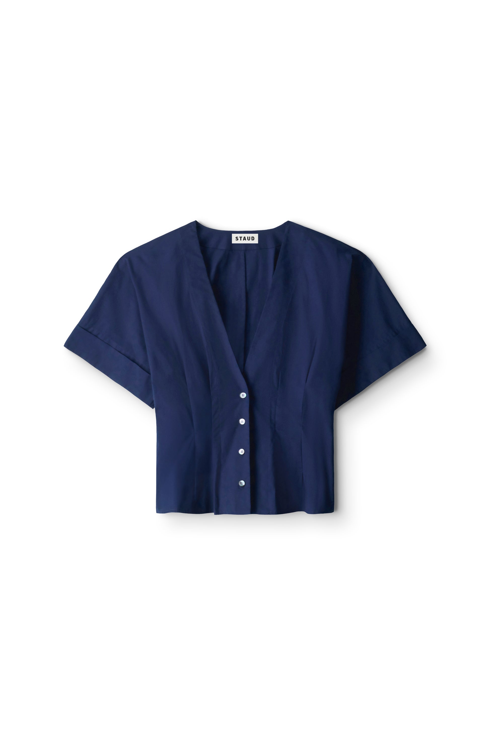 Navy blue blouse with buttons on a white background