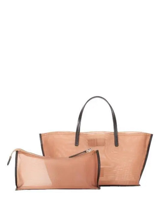 Two translucent brown handbags with black handles on a white background