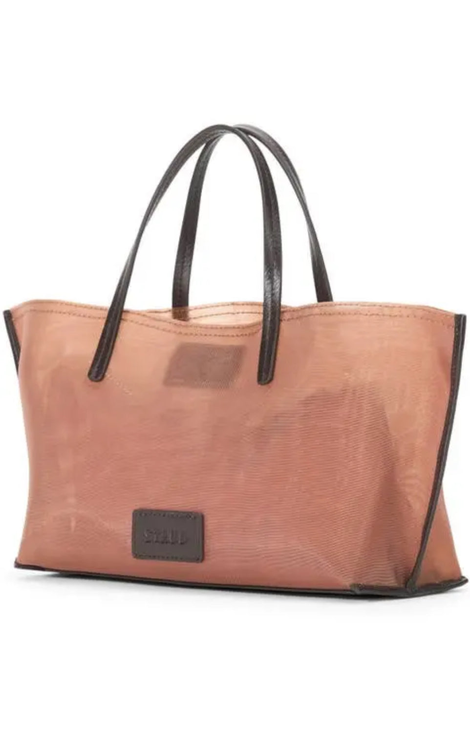 Brown mesh tote bag with black handles on a white background