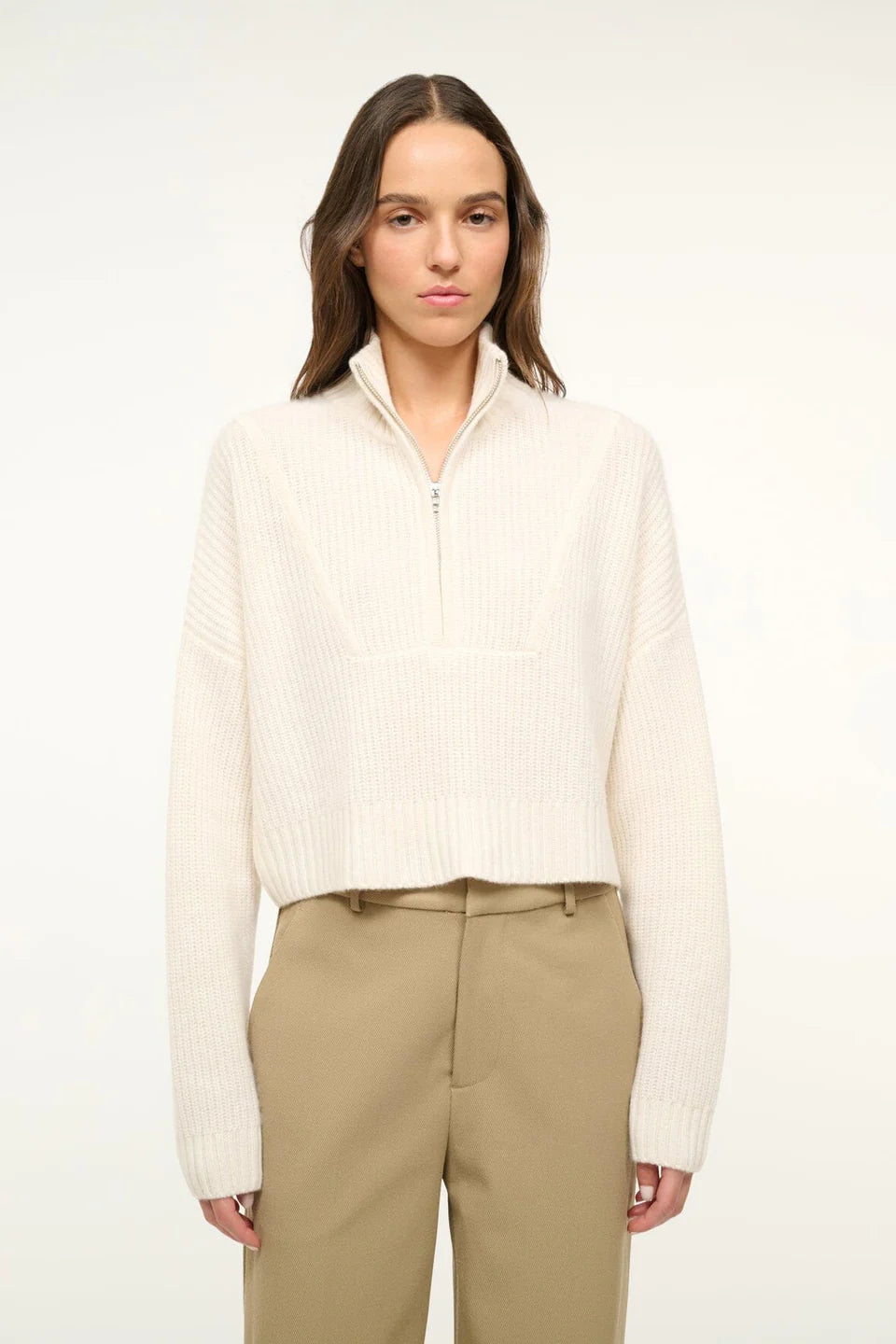 Model wearing Ivory Sweater on white background
