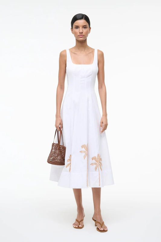 Wells cotton poplin corset-style summer dress at AshleGryre boutique Atlantic Beach Florida holding handbag