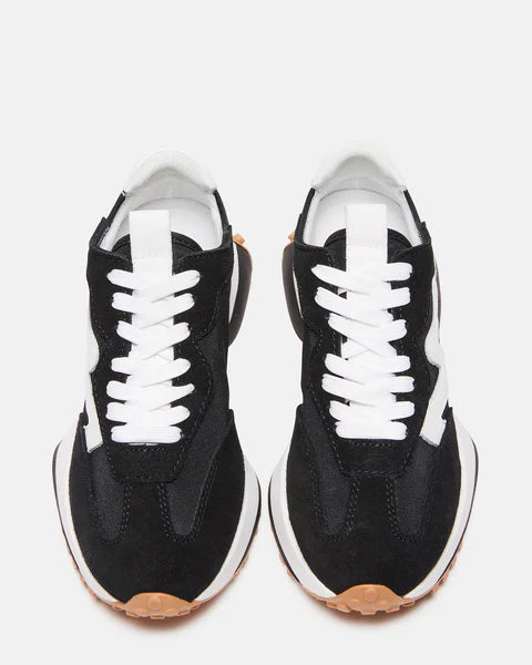 Steve Madden Campo thick soled Sneaker in Black and white With a brown tread from the top view
