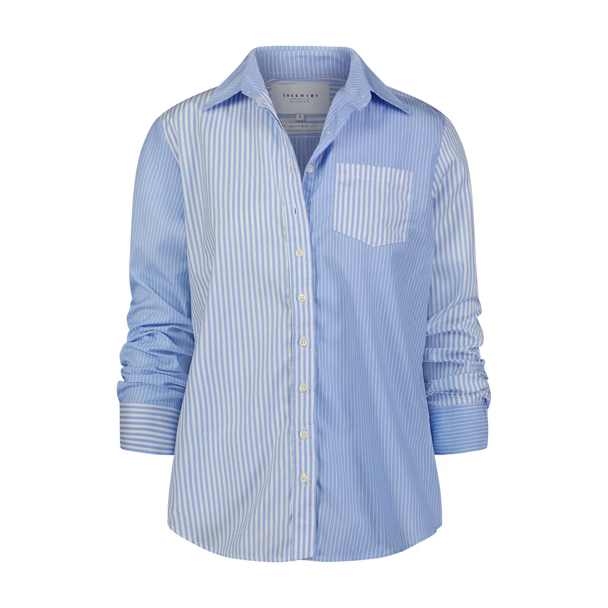 Blue striped long sleeve shirt with a pocket on a white background