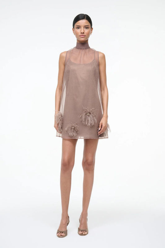 Model wearing a sheer brown dress with floral embroidery on a white background