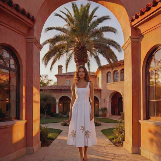 Model wearing the Wells Dress in white cotton poplin with corset-style waist and full skirt at AshleGryre boutique in Beaches Town Center, Atlantic Beach Florida. 