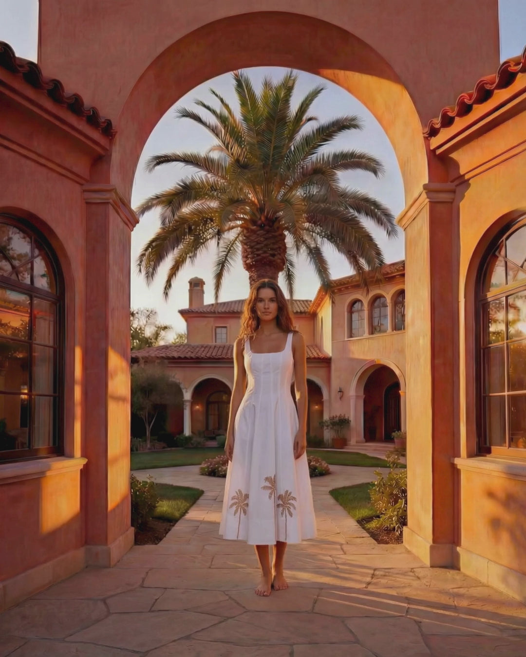 Model wearing the Wells Dress in white cotton poplin with corset-style waist and full skirt at AshleGryre boutique in Beaches Town Center, Atlantic Beach Florida. 