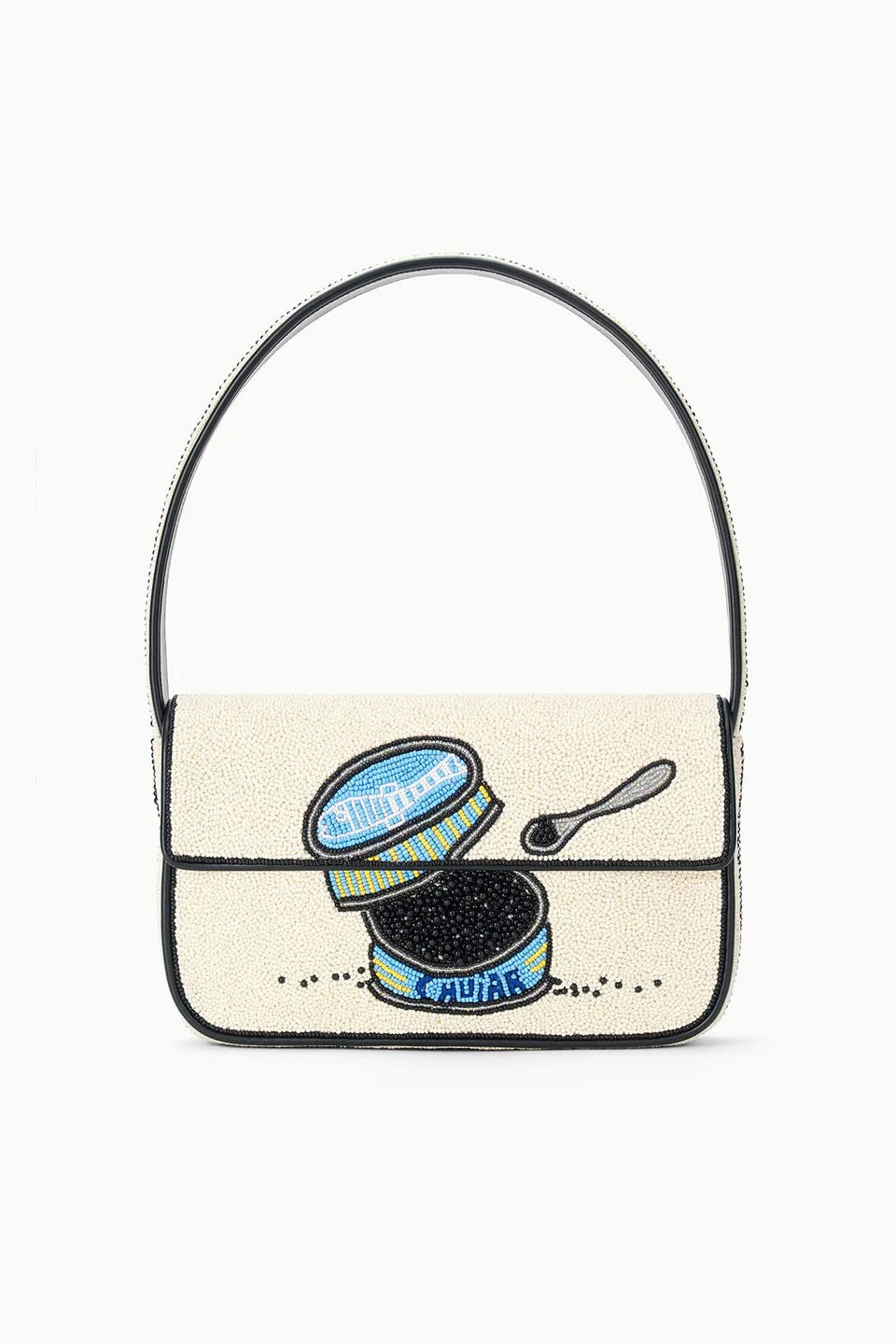 Staud Tommy Beaded Handbag with a design of a can and spoon on a white background