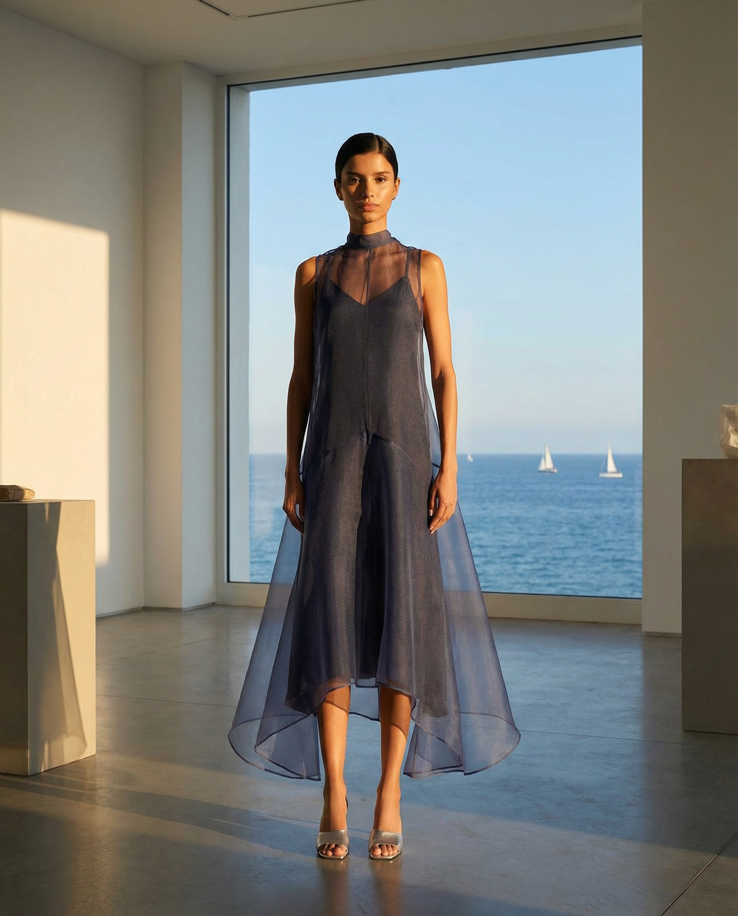 Staud Auden Dress in Navy sleeveless midi with sheer overlay and structured bodice