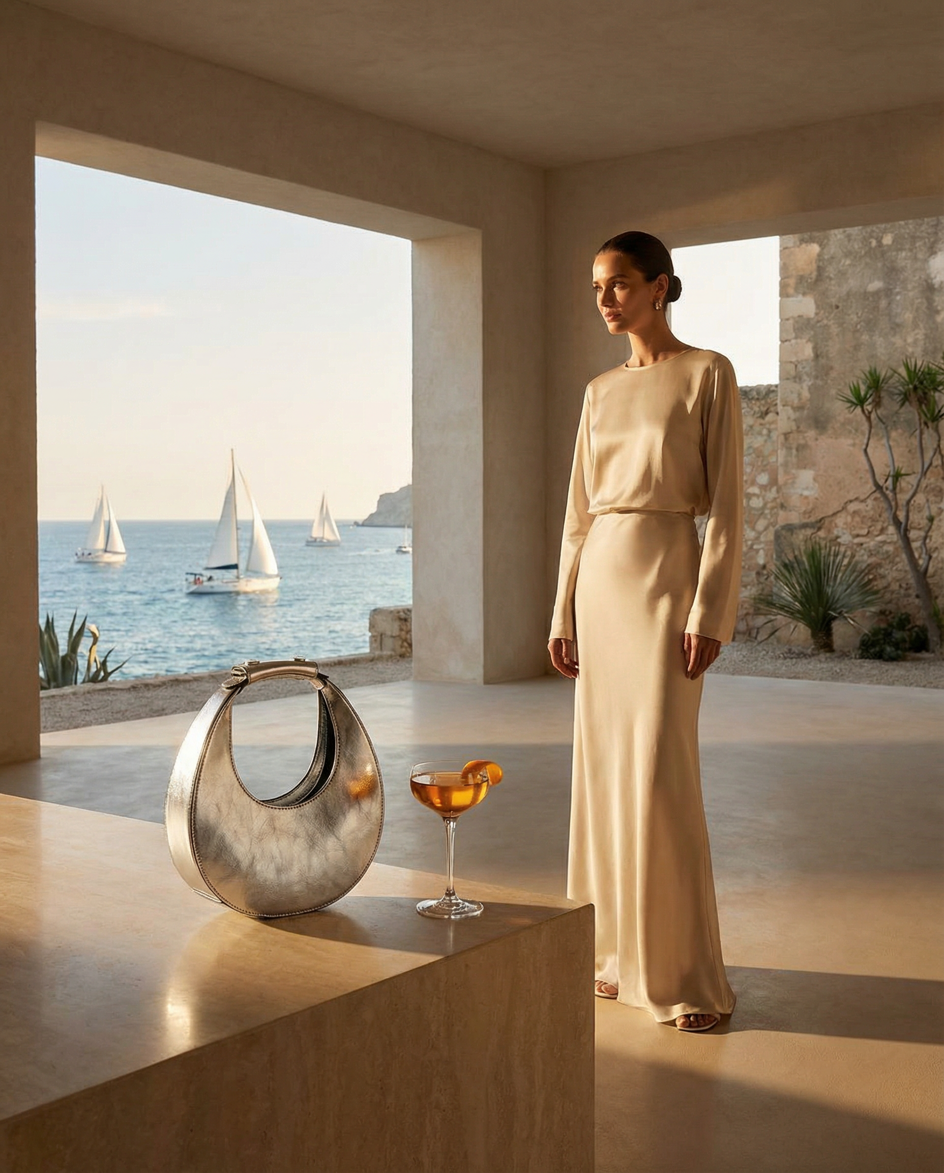 Woman in a beige dress standing by a window with a view of the sea and sailboats.