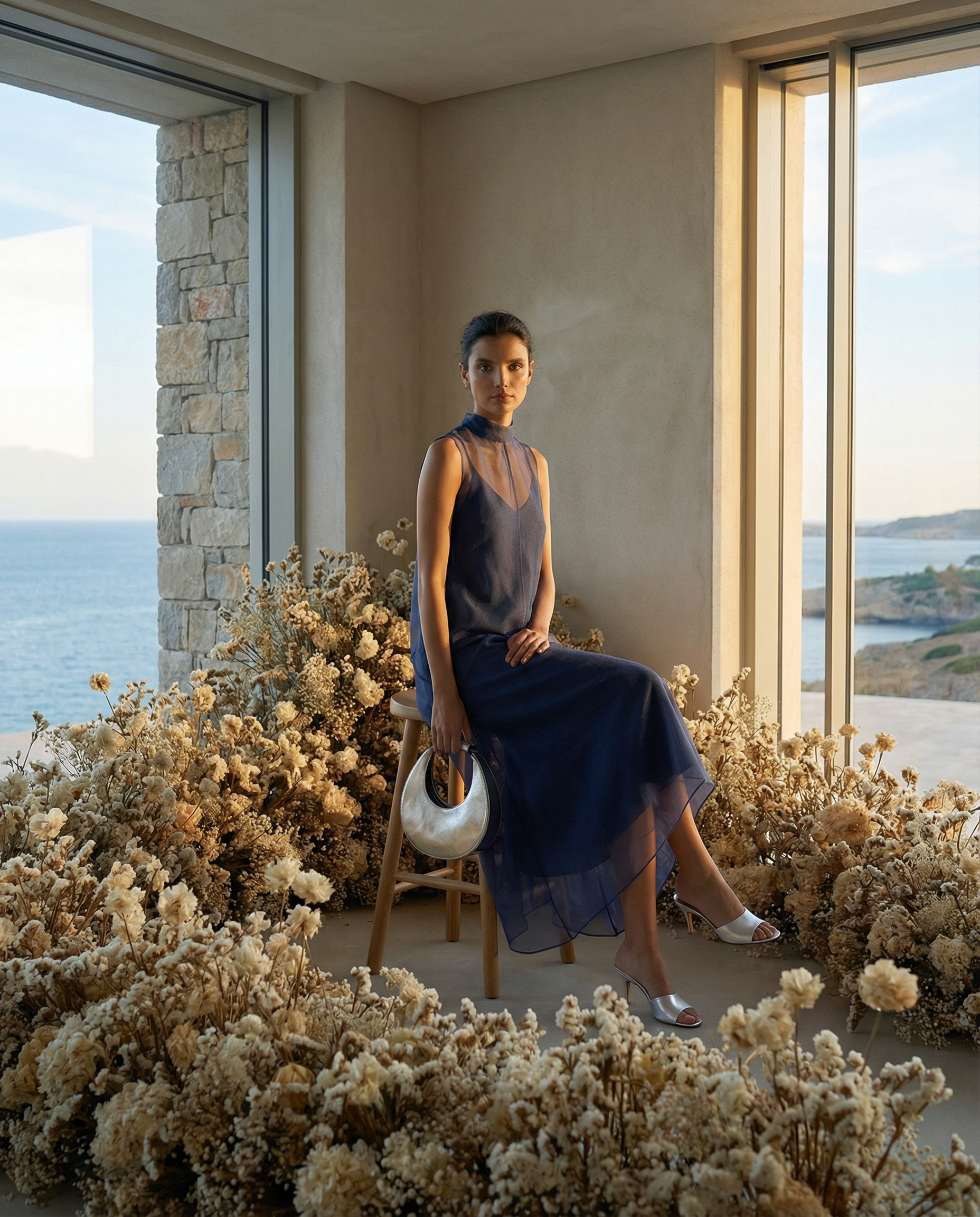 Woman in a blue dress sitting in a room with large windows overlooking a scenic view.