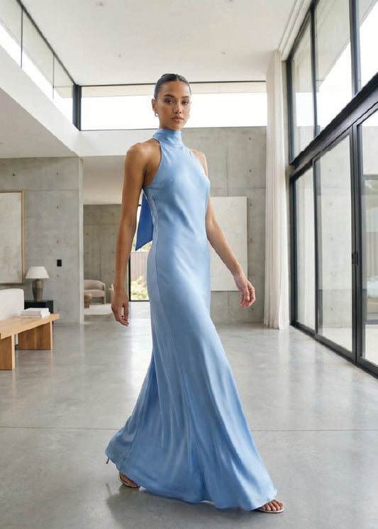 Steve Madden Lara Maxi Dress in Aurora Blue featuring a high neckline and satin finish with a flowing floor-length silhouette