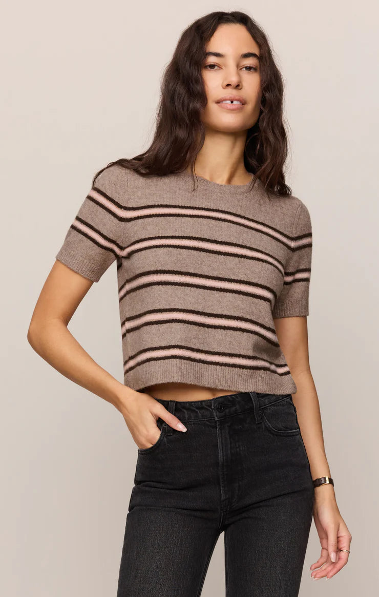 Woman wearing a striped short sleeve cropped gray sweater and black jeans against a plain background